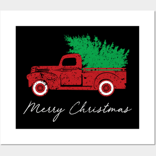 Merry Christmas Retro Vintage Red Truck Posters and Art